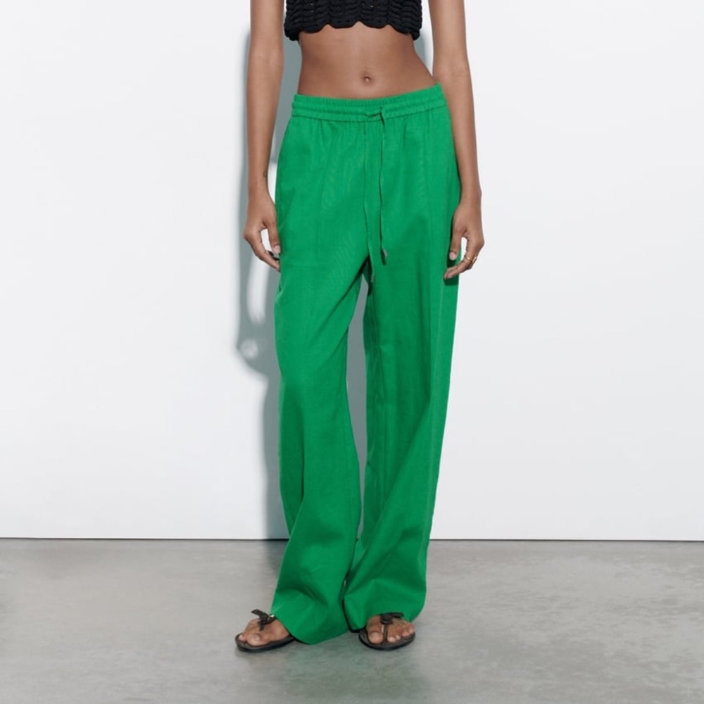 Zara Green Linen Wide Leg Pants